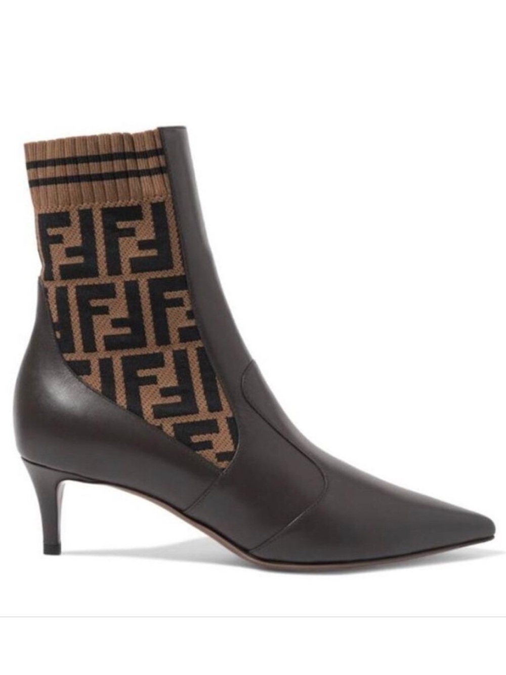 FENDI Rockoko FF logo stretch knit leather heeled ankle boots - Picture 1 of 11
